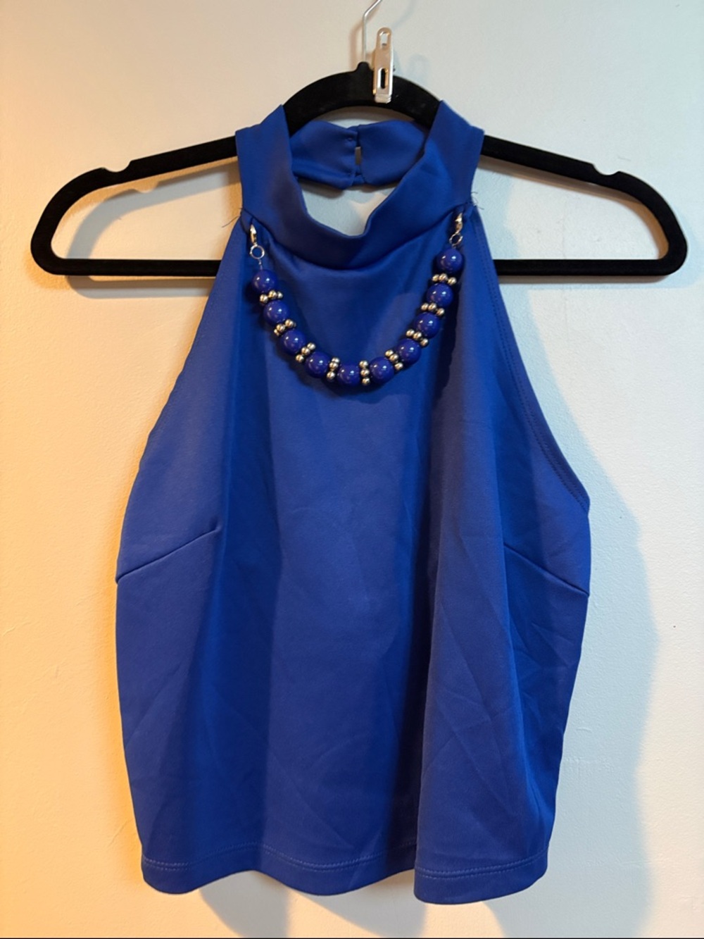Blush Royal Blue Halter Crop Top with Beaded Necklace Detail